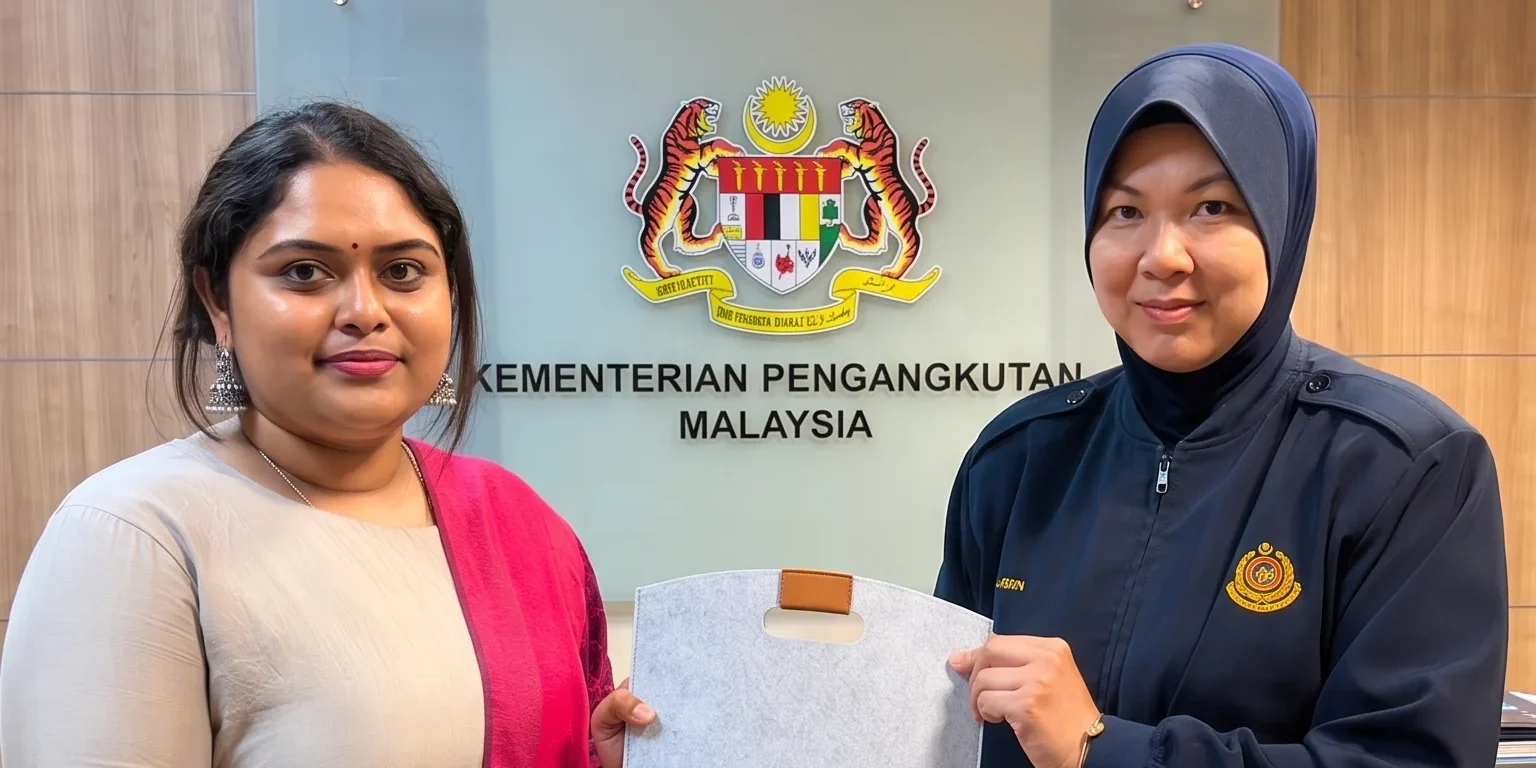 Metropolitan College representative presenting a gift to a JPJ officer at the Ministry of Transport Malaysia